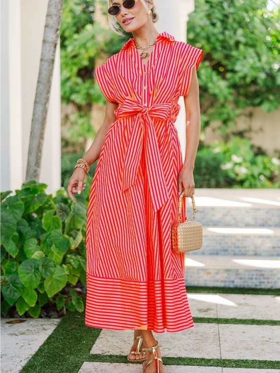 entro Dresses & Skirts - entro Coral and Pink Striped Tie-Front Maxi Dress